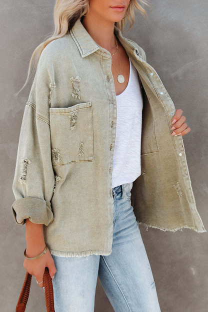 Stylish Lapel Long Sleeve Ripped Denim Jacket-consonak
