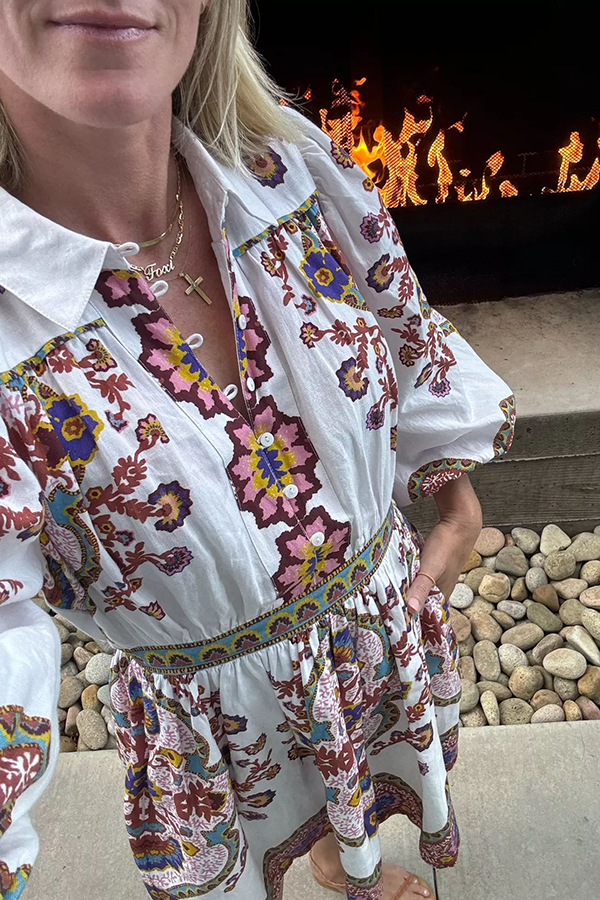 Fun and Vibrant Linen Blend Unique Print Puff Sleeve Pocketed Shirt Mini Dress-consonak