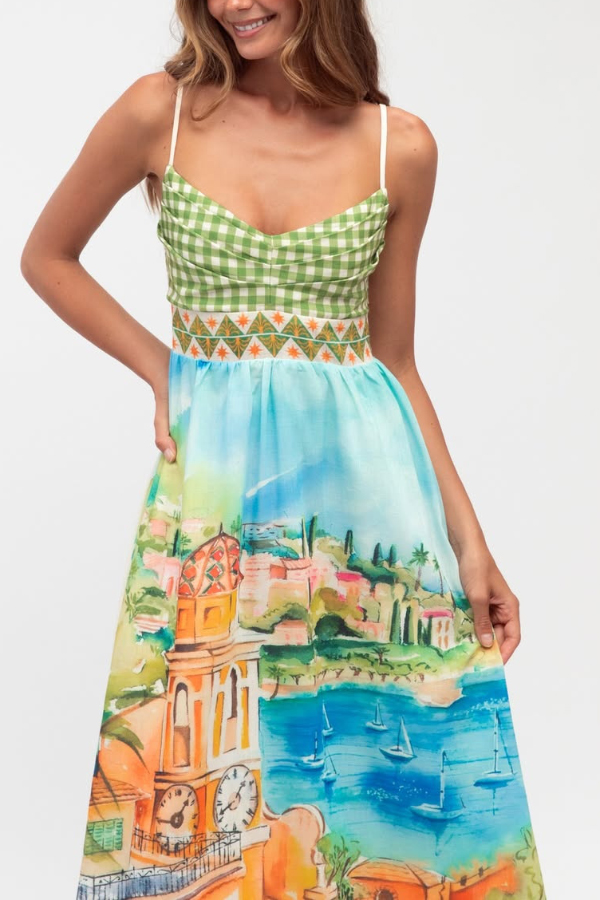 Unique Printed Spaghetti Strap Pleated Casual Maxi Dress-consonak