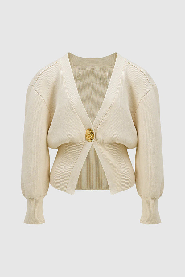 Only Yours Knit Metal Leaf Shape Button Lantern Sleeve Relaxed Cardigan-consonak