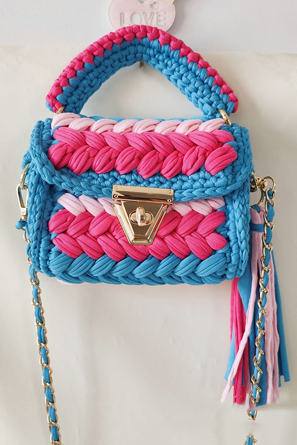Contrast Color Stitching Braided Chain Tassel Bag-consonak