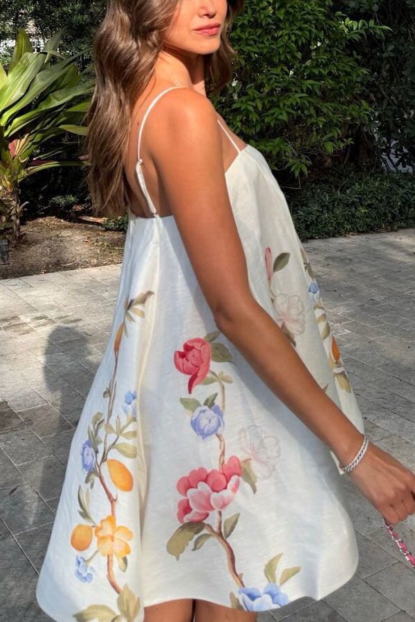 Blossoms Climb Lemon Vine Print Adjustable Straps A-line Mini Dress-consonak