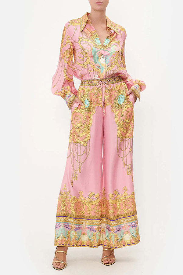 Mermaid Motel Unique Print Long Sleeve Loose Shirt and Elastic Waist Pants Set-consonak