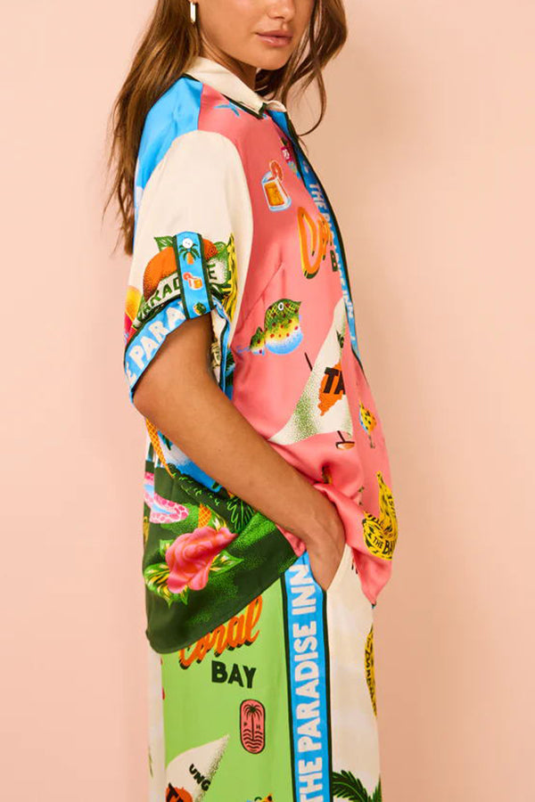 Kissed By The Sun Satin Unique Print Colorblock Button Down Oversized Blouse | Consonak