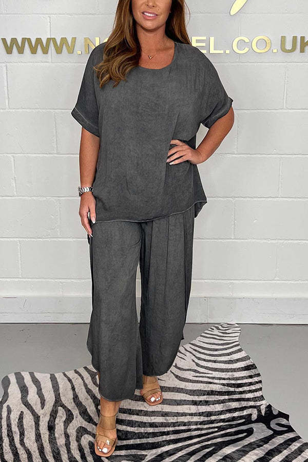 Greyson Flowy Loose Blouse and Elastic Waist Slit Pants Set-consonak