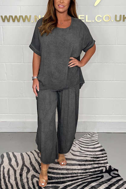 Greyson Flowy Loose Blouse and Elastic Waist Slit Pants Set-consonak