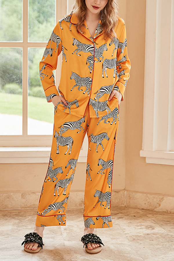 Yellow Zebra Print Home Long-sleeved Two-piece Set | Consonak