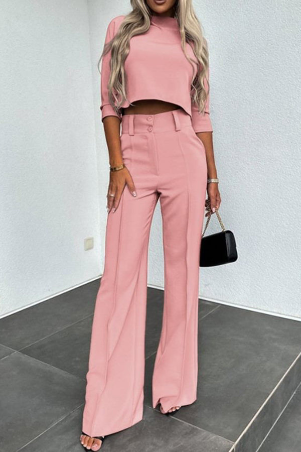 Luisa High Neck Half Sleeve Crop Top and High Rise Pocketed Flare Pants Set | Consonak