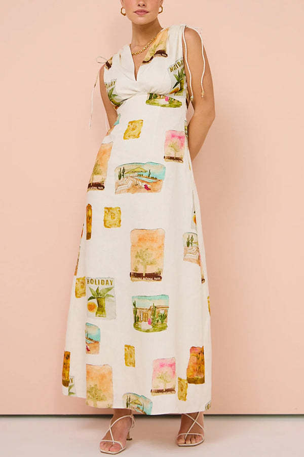 Art Summer Linen Blend Unique Print Drawstring Shoulder Loose Maxi Dress-consonak