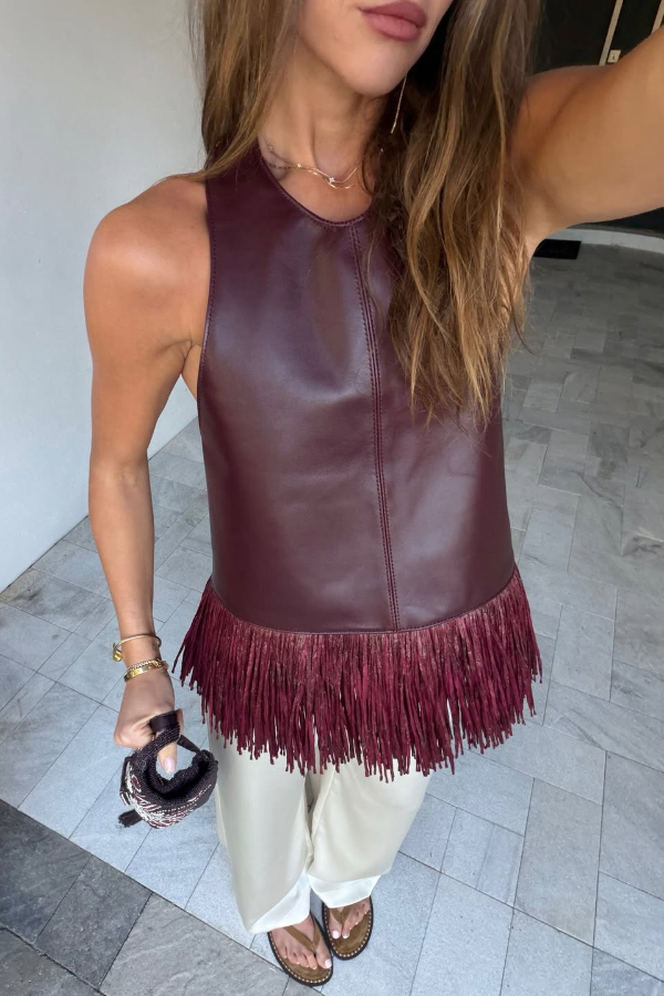 Stylish Halter Neck Sleeveless Leather Tassel Loose Top | Consonak
