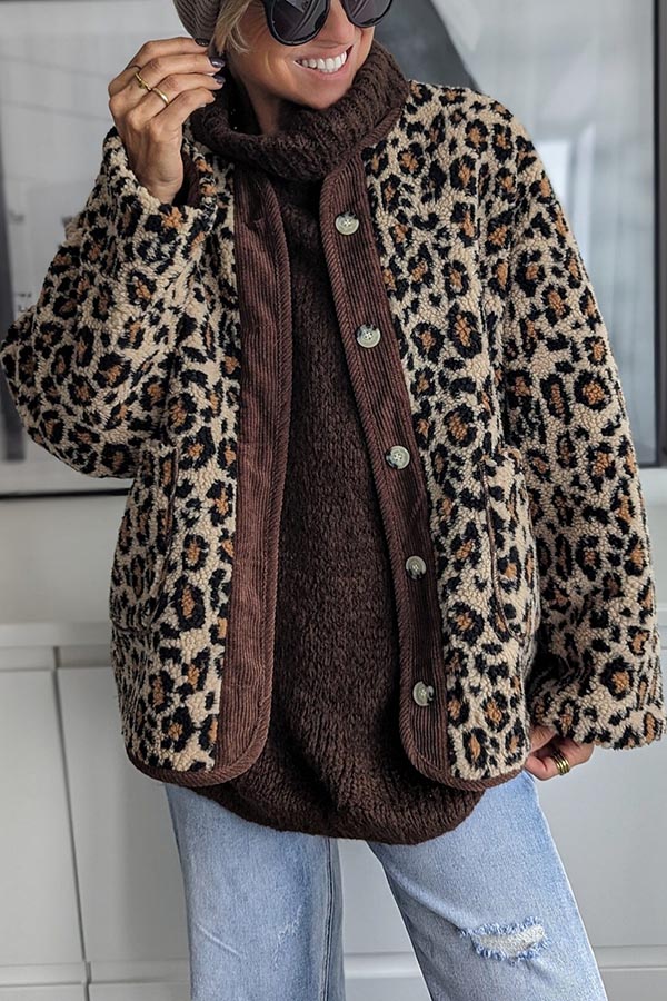 Warm Feel Colorblock Leopard Print Plush Button Up Pocketed Teddy Jacket-consonak