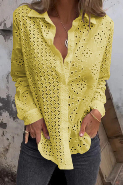 Solid Color Cutout Long-sleeved Loose Button-down Shirt-consonak