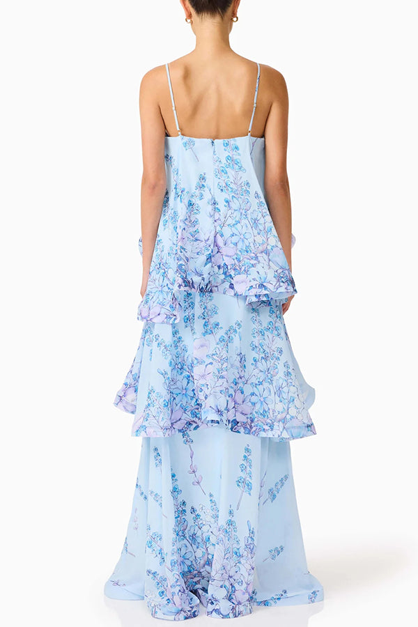 Armani Georgette Fabric Floral Print Tiered Slip Square Neck A-line Maxi Dress | Consonak