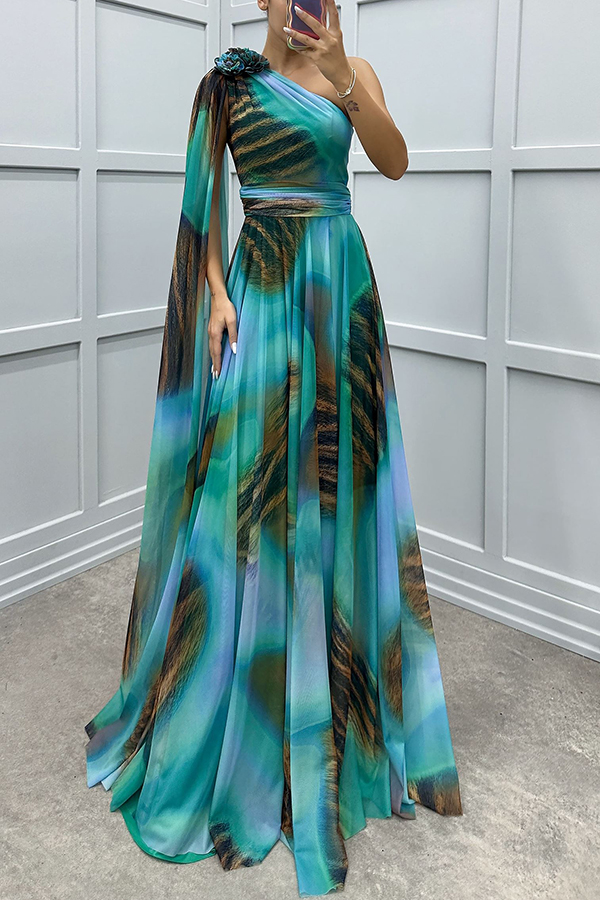 Lucia Unique Print Floral Detail One Shoulder Draped Sleeve Gown Maxi Dress | Consonak