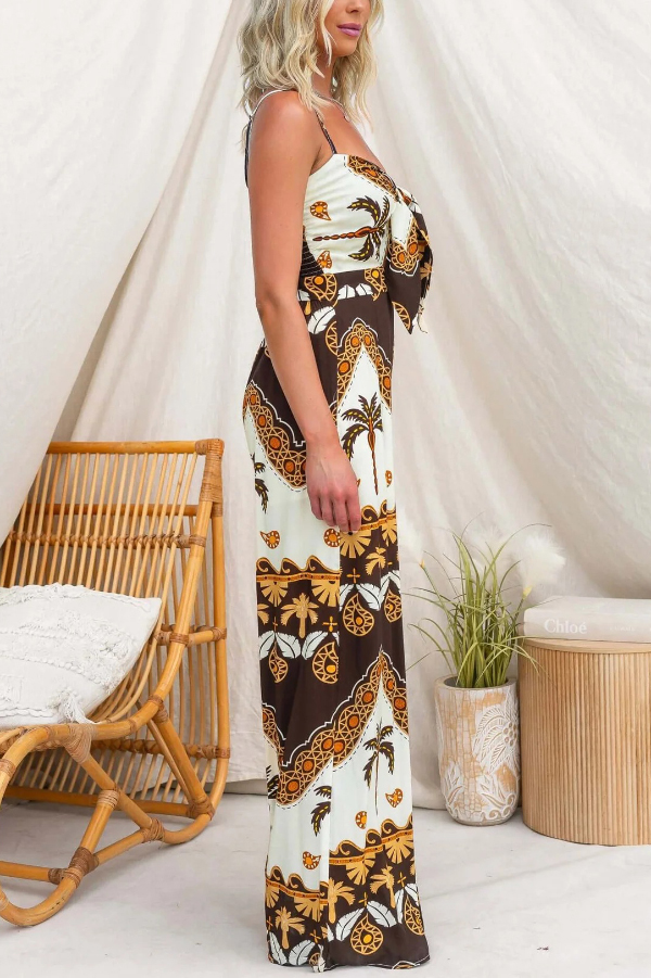 Unique Print Casual Spaghetti Strap High Waist Resort Loose Wide Leg Jumpsuit | Consonak