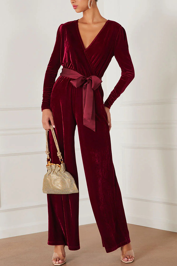 Love One Another Velvet Bow Belted Pocket Cutout Back Loose Jumpsuit-consonak