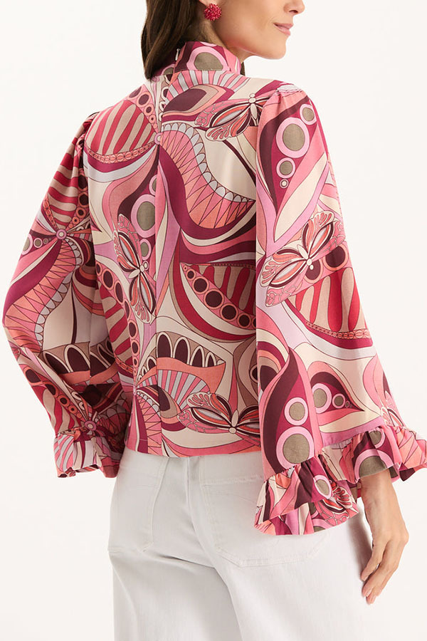 Sarah Unique Print High Neck Ruffle Bell Sleeve Top and Elastic Waist Pocket Loose Pants Set-consonak