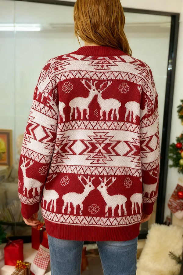 Christmas Reindeer Pattern Loose Long-sleeved Knit Cardigan-consonak