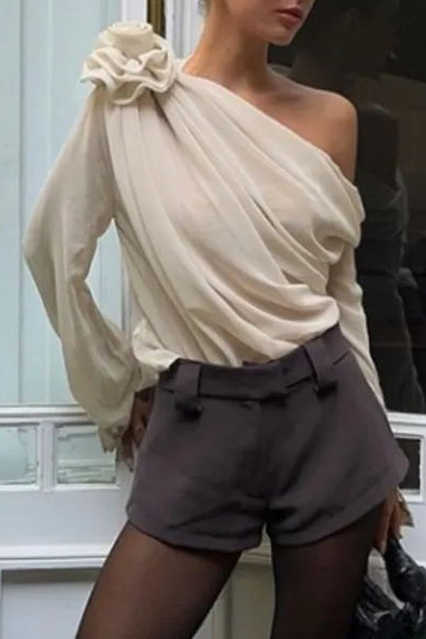 Beautiful Three Dimensional Flower Tulle Off Shoulder Long Sleeved Blouse-consonak