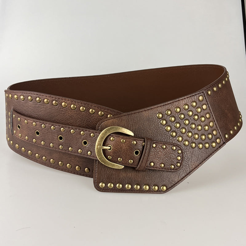 Vintage Faux Leather Rivet Pin Buckle Wide Belt | Consonak