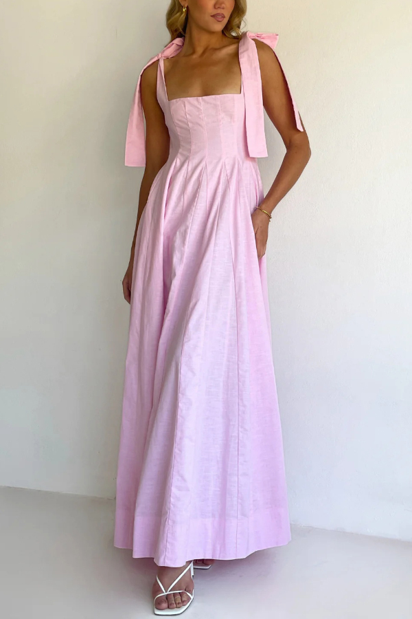 Solid Color Sleeveless Tie-up Suspender Elegant Patchwork Maxi Dress-consonak