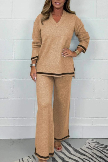 Solid Color V-neck Long-sleeved Loose Top and Elastic Waist Wide-leg Pants Set-consonak