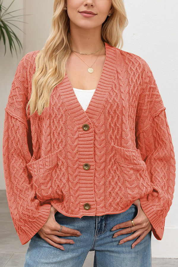 Solid Color Loose V-neck Long-sleeved Casual Pocket Knitted Cardigan-consonak