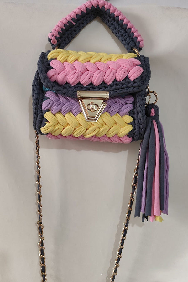 Contrast Color Stitching Braided Chain Tassel Bag-consonak