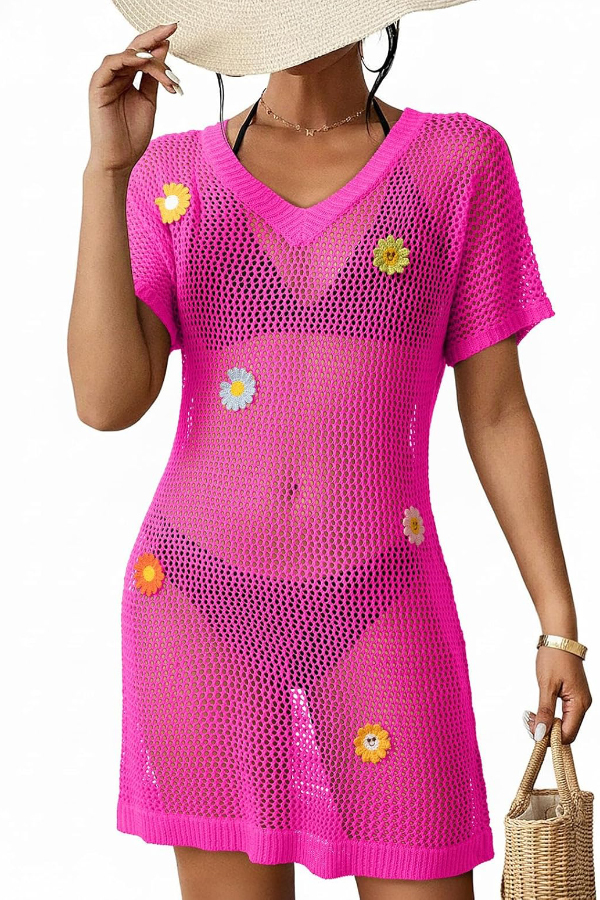 Floral-decorated V-neck Short-sleeved Crochet Cover-up Vacation Mini Dress-consonak