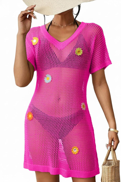 Floral-decorated V-neck Short-sleeved Crochet Cover-up Vacation Mini Dress-consonak