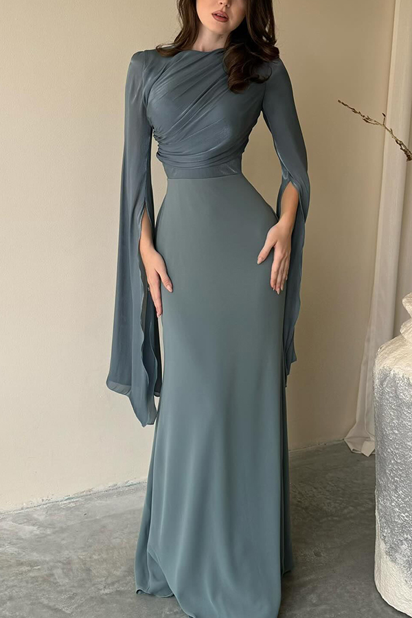 Liora Ruched Organza and Satin Patchwork Design Long Bell Slit Sleeve Maxi Dress-consonak