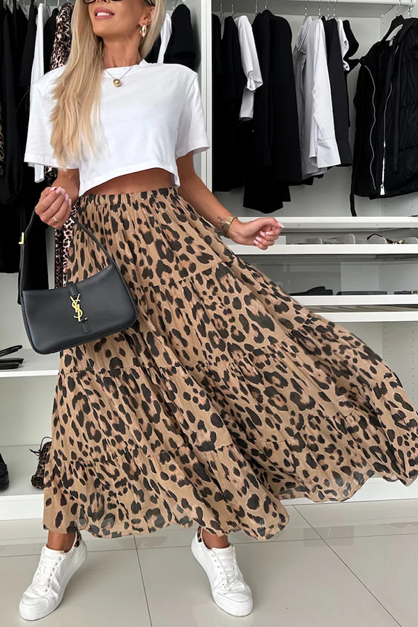 Unique and Comfortable Leopard Print Elastic Waist A-line Layered Maxi Skirt-consonak
