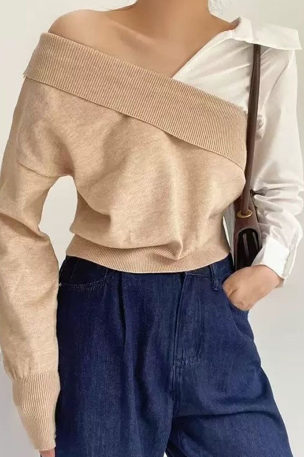 Stylish Patchwork Contrasting Long-sleeved V-neck Casual Sweater-consonak