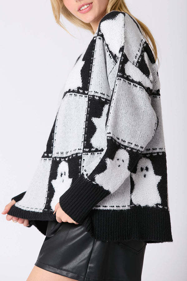 Halloween Plaid Ghost Loose Long Sleeve Knitted Sweater-consonak