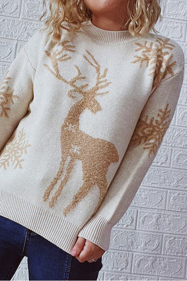 Christmas Pattern Knitted Crew Neck Long Sleeved Sweater-consonak