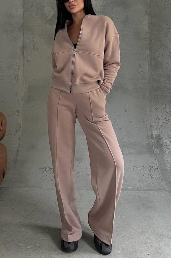 Solid Color Casual Long Sleeve Zipper Jacket and Elastic Waist Pocket Wide Leg Pants Set-consonak