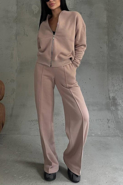 Solid Color Casual Long Sleeve Zipper Jacket and Elastic Waist Pocket Wide Leg Pants Set-consonak