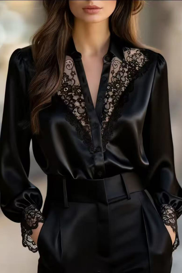 Solid Color Satin Patchwork Lace Casual Long-sleeved Button-down Shirt-consonak