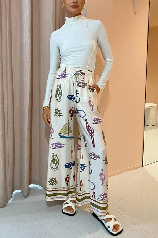Sail Away Satin Unique Nautical Motifs Print Elastic Waist Pocketed Wide Leg Pants-consonak