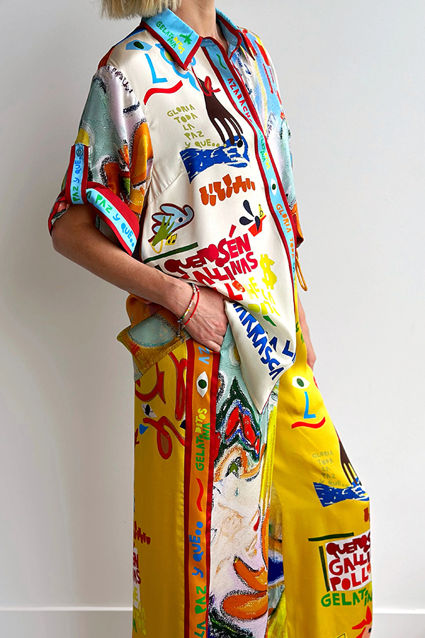 Raina Satin Unique Print Short-sleeved Loose Shirt and Elastic Waist Pocket Pants Set-consonak