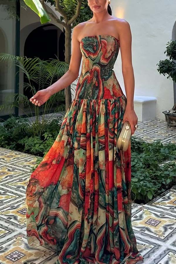 Vacay Vibes Colorful Lava Print Off Shoulder Smocked Scarf Maxi Dress-consonak