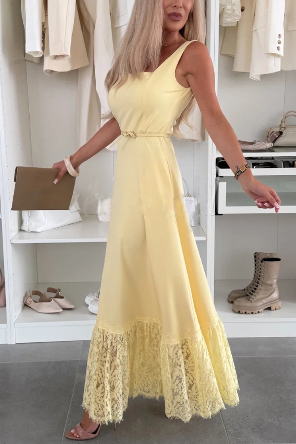 Solid Color Square Neck Sleeveless Fitted Waist Elegant Lace Hem Maxi Dress