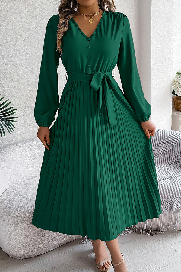 Solid Color Elegant V-neck Buttoned Lace-up Pleated Maxi Dress-consonak