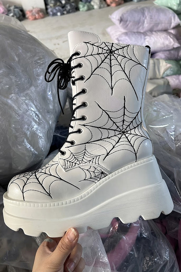 Platform Ankle Boots with A Spiderweb Pattern-Consonak