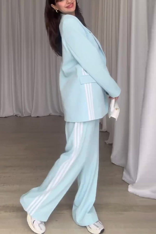 Fresh and Casual Style Striped Trim Lapel Blazer and High Rise Pocket Loose Pants Set-consonak