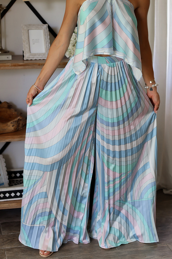 Luna Unique Print Pearls Halter Irregular Tank and Pleated High Rise Wide Leg Pants Set