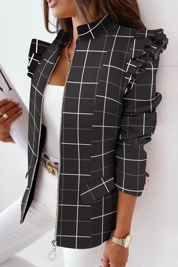 Melrose Plaid Print Ruffles Sleeve Zipper Up Coat-consonak