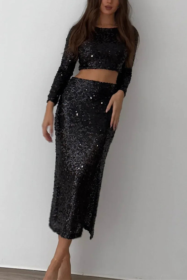 Solid Sequined Long-sleeved Crop Top and Sexy Slit Midi Skirt Set-consonak