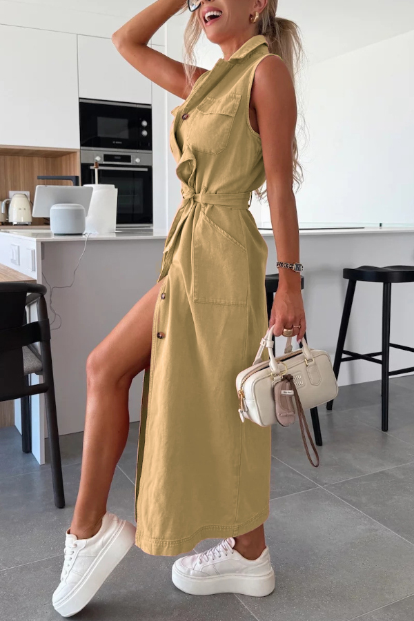 Solid Color Sleeveless Single Breasted Waist Tie Casual Pocket Denim Midi Dress | Consonak
