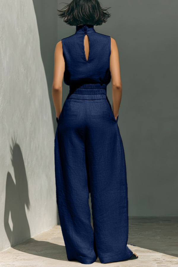 Linen Blend Solid Color Turtleneck Sleeveless Top and Casual High-waisted Elastic Waist Pocket Wide-leg Pants Set
